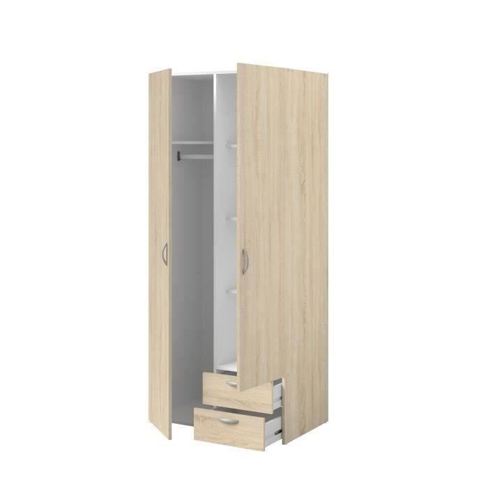 Armoire VARIA - Décor chene - 2 portes battantes + 2 tiroirs - L 81 x H 185 x P 51 cm - PARISOT - Paloma Tech