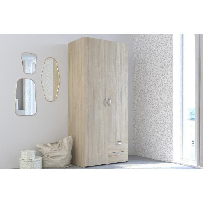 Armoire VARIA - Décor chene - 2 portes battantes + 2 tiroirs - L 81 x H 185 x P 51 cm - PARISOT - Paloma Tech