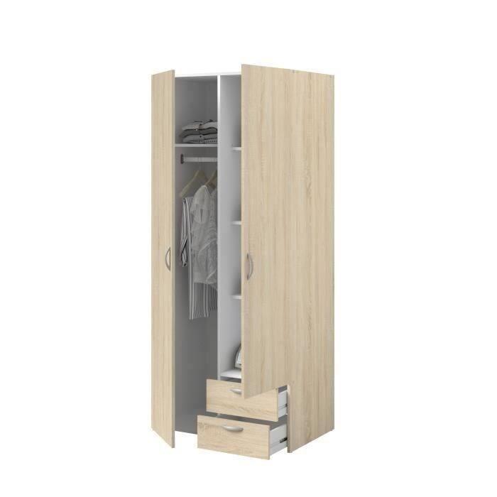 Armoire VARIA - Décor chene - 2 portes battantes + 2 tiroirs - L 81 x H 185 x P 51 cm - PARISOT - Paloma Tech