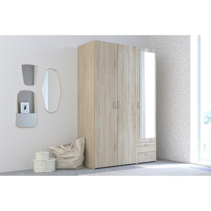 Armoire VARIA - Décor chene - 3 portes + miroir + 2 tiroirs - L 120 x H 185 x P 51 cm - PARISOT - Paloma Tech