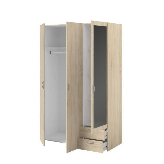 Armoire VARIA - Décor chene - 3 portes + miroir + 2 tiroirs - L 120 x H 185 x P 51 cm - PARISOT - Paloma Tech