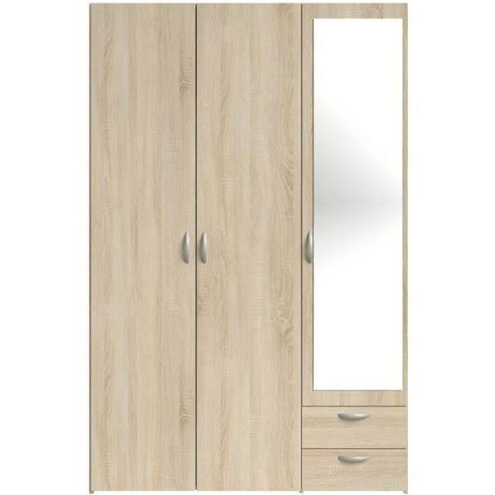 Armoire VARIA - Décor chene - 3 portes + miroir + 2 tiroirs - L 120 x H 185 x P 51 cm - PARISOT - Paloma Tech