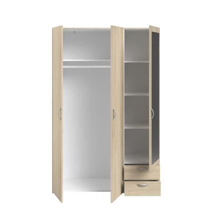 Armoire VARIA - Décor chene - 3 portes + miroir + 2 tiroirs - L 120 x H 185 x P 51 cm - PARISOT - Paloma Tech