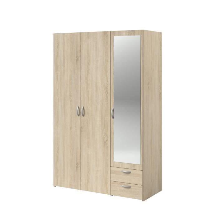 Armoire VARIA - Décor chene - 3 portes + miroir + 2 tiroirs - L 120 x H 185 x P 51 cm - PARISOT - Paloma Tech