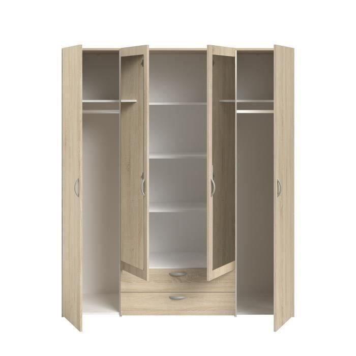 Armoire VARIA - Décor chene - 4 portes battantes + 2 miroirs + 2 tiroirs - L 160 x H 185 x P 51 cm - PARISOT - Paloma Tech