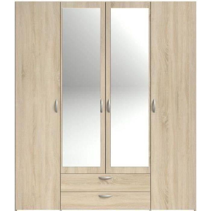 Armoire VARIA - Décor chene - 4 portes battantes + 2 miroirs + 2 tiroirs - L 160 x H 185 x P 51 cm - PARISOT - Paloma Tech