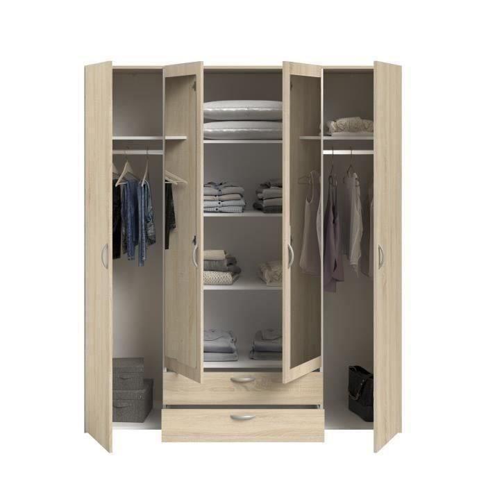 Armoire VARIA - Décor chene - 4 portes battantes + 2 miroirs + 2 tiroirs - L 160 x H 185 x P 51 cm - PARISOT - Paloma Tech