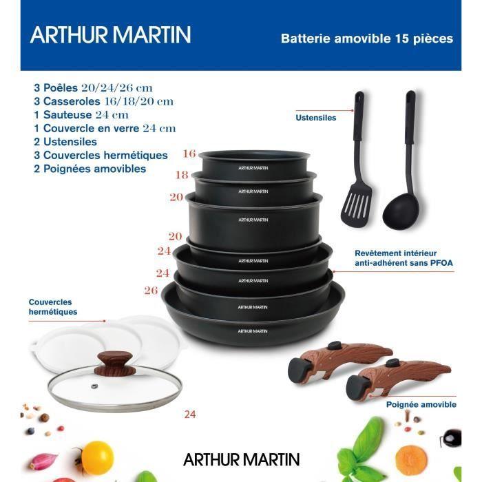 Arthur Martin AM1502 Batterie de cuisine 15 pieces - poignée amovible effet bois - tous feux dont induction - Paloma Tech