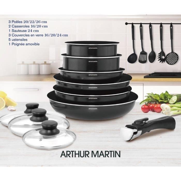 ARTHUR MARTIN Batterie de cuisine amovible 15 pieces 16-20-22-24-26 cm noir - Tous feux dont induction - Paloma Tech