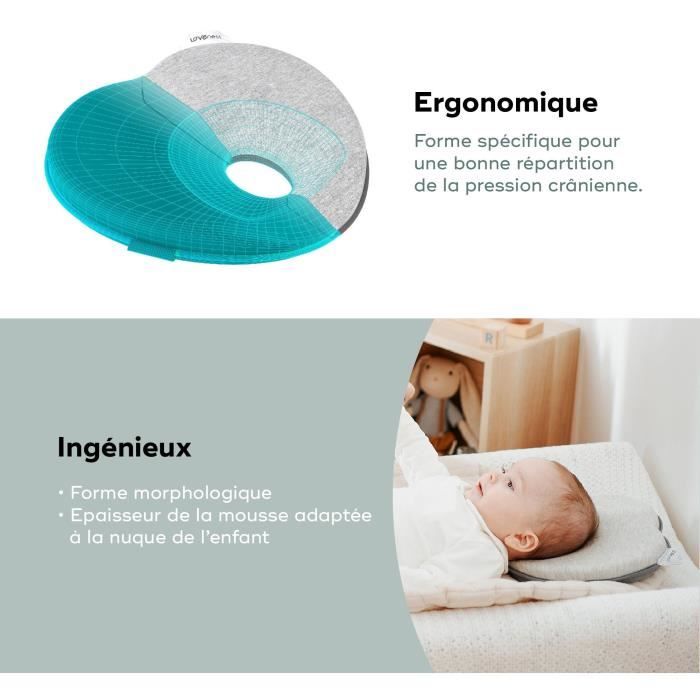 BABYMOOV Support de tete morphologique pour bébé Lovenest Original coton bio certifié oeko-Tex lavable en machine smokey