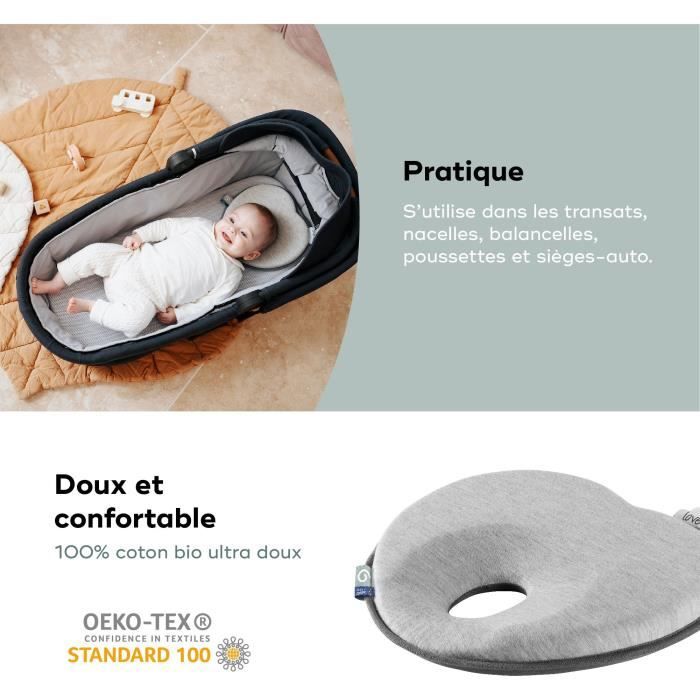 BABYMOOV Support de tete morphologique pour bébé Lovenest Original coton bio certifié oeko-Tex lavable en machine smokey