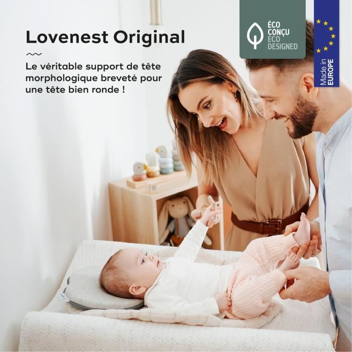 BABYMOOV Support de tete morphologique pour bébé Lovenest Original coton bio certifié oeko-Tex lavable en machine smokey