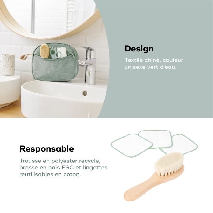 Babymoov Trousse de Soin Bébé - Des la naissance - En Tissu Recyclé Certifié GRS -10 Accessoires Matcha