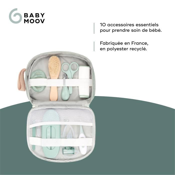 Babymoov Trousse de Soin Bébé - Des la naissance - En Tissu Recyclé Certifié GRS -10 Accessoires Matcha