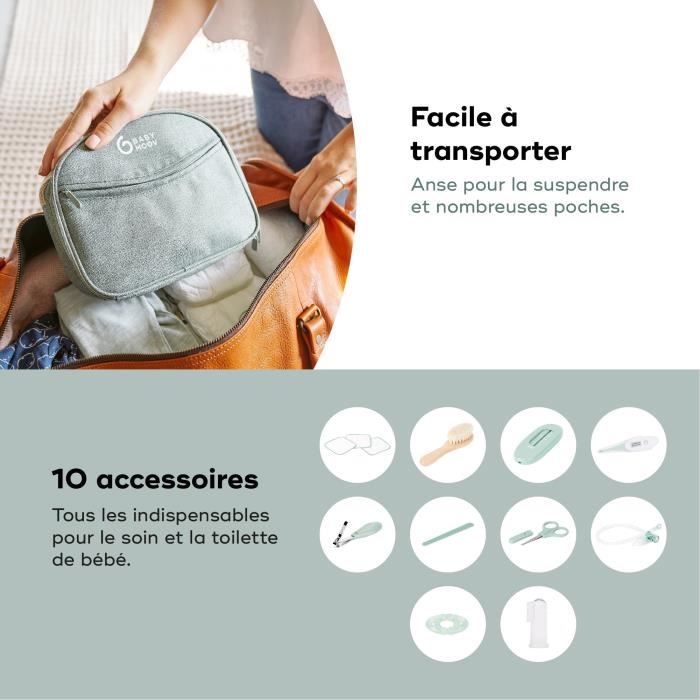 Babymoov Trousse de Soin Bébé - Des la naissance - En Tissu Recyclé Certifié GRS -10 Accessoires Matcha