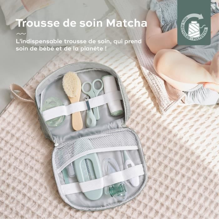 Babymoov Trousse de Soin Bébé - Des la naissance - En Tissu Recyclé Certifié GRS -10 Accessoires Matcha