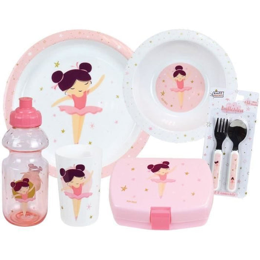 BALLERINE - Lot vaisselle pour enfant avec verre assiette creuse assiette plate couverts gourde et boite gouter