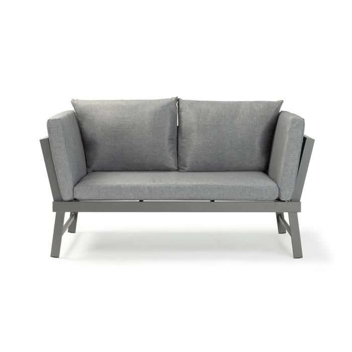 Banquette de jardin multifonction en aluminium avec coussins - 2 personnes - Gris foncé - Paloma Tech