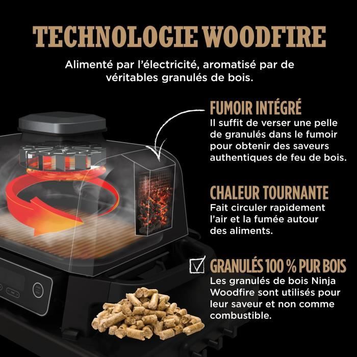 Barbecue électrique - NINJA - Woodfire - OG701EU - Grill fumoir & air fryer - Antiadhésif - Gris et noir