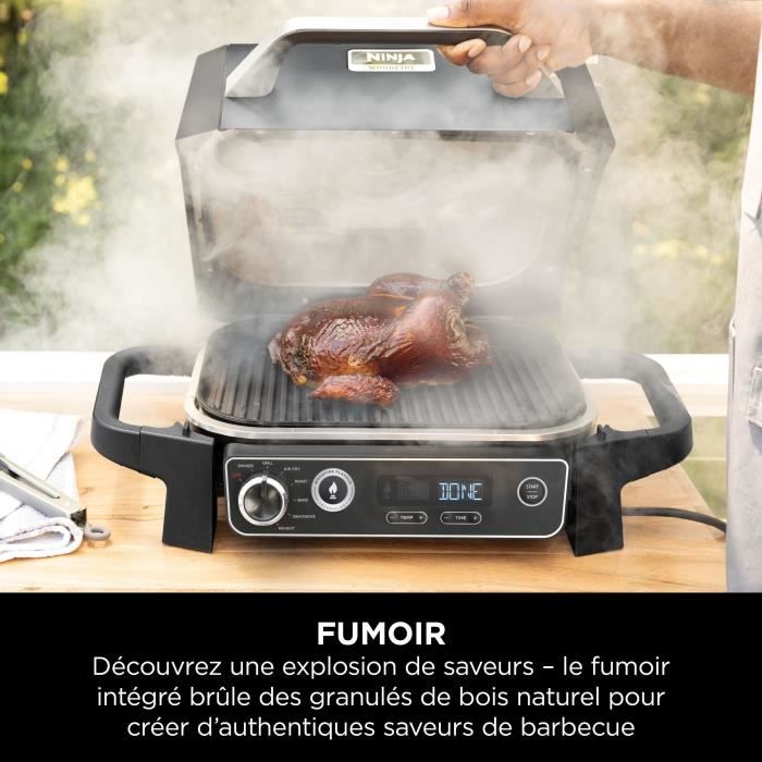 Barbecue électrique - NINJA - Woodfire - OG701EU - Grill fumoir & air fryer - Antiadhésif - Gris et noir