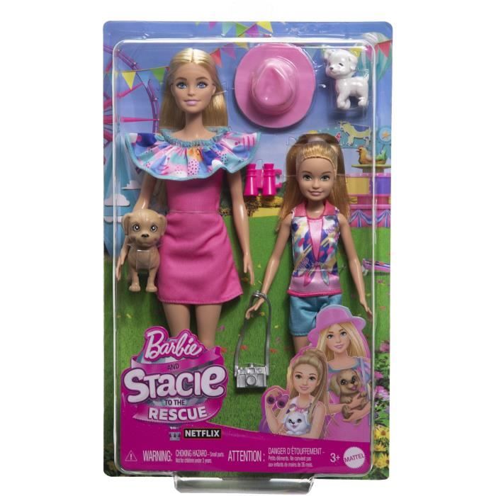 Barbie-Coffret Poupées Stacie et Barbie avec 2 chiots et accessoires HRM09