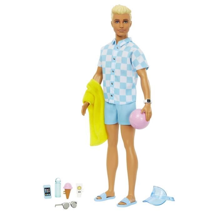 Barbie-Ken Plage-Poupée blonde short de bain et accessoires de plage HPL74