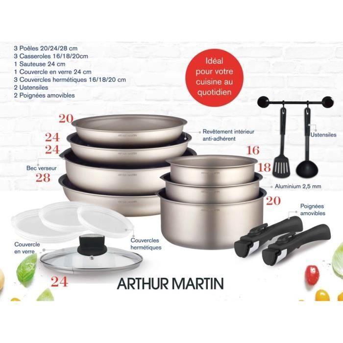 Batterie de cuisine Arthur Martin AM133CH 15 pieces - Aluminium - Poignée amovible - Tous feux dont induction - Paloma Tech