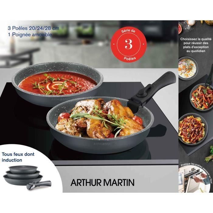 Batterie de cuisine ARTHUR MARTIN AM521GM Set de 3 poeles - Gris Mat 20-24-28 cm + 1 poignée amovible - Tous feux dont induction - Paloma Tech