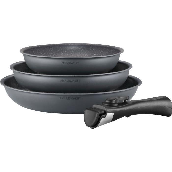 Batterie de cuisine ARTHUR MARTIN AM521GM Set de 3 poeles - Gris Mat 20-24-28 cm + 1 poignée amovible - Tous feux dont induction - Paloma Tech