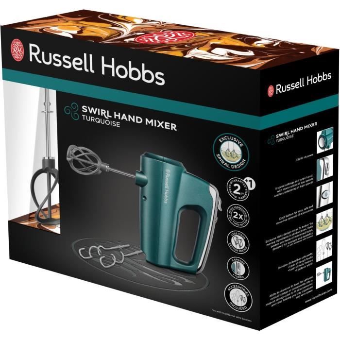 Batteur Mixeur Swirl - Russell Hobbs - 5 Vitesses - Fonction Turbo - Pétrin - Fouets - Turquoise