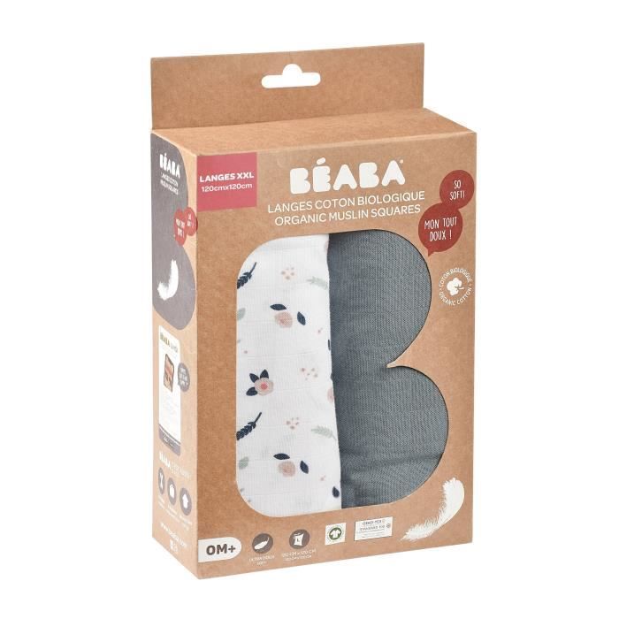 BEABA Lot de 2 langes bébé en mousseline de coton biologique multi-usages ultra doux et respirant gris/flore