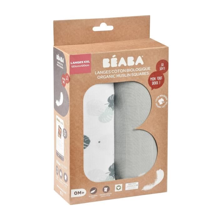 BEABA Lot de 2 langes bébé en mousseline de coton biologique multi-usages ultra doux et respirant gris/jungle