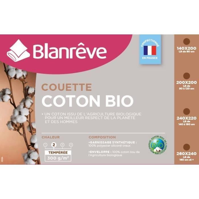 BLANREVE Couette tempérée Coton BIO - 300g/m² - 200x200cm - Paloma Tech