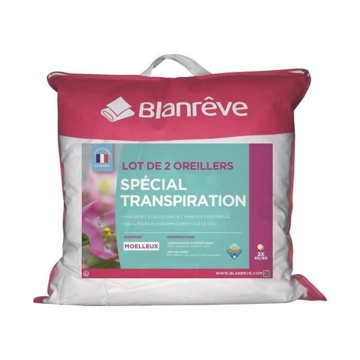 BLANREVE Lot de 2 Oreillers Spécial Transpiration - 60 x 60 cm - Blanc - Paloma Tech