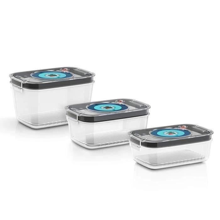 BOSCH - 3 boites de conservation sous vide hermétiques : 0,7L, 1,0L et 1,5L - Bac d'égouttement - Indicateur jour et mois - Tritan - Paloma Tech