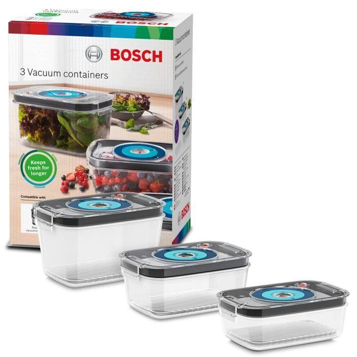 BOSCH - 3 boites de conservation sous vide hermétiques : 0,7L, 1,0L et 1,5L - Bac d'égouttement - Indicateur jour et mois - Tritan - Paloma Tech