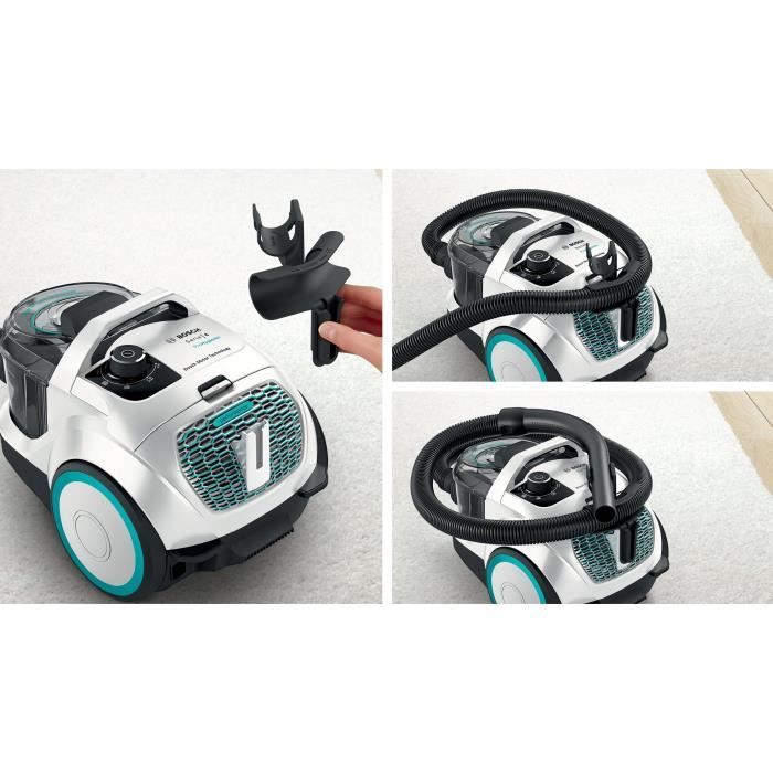 Aspirateur BOSCH GX21 blanc et teal avec filtre UltraAllergie et design compact