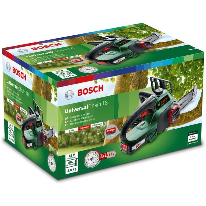 BOSCH Tronçonneuse sans fil - UniversalChain 18 (LIvré avec: 1 batterie 18V 2,5Ah)