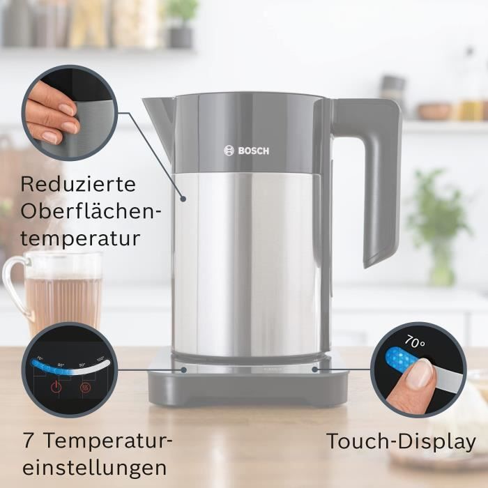 Bouilloire électrique programmable BOSCH TWK7203 - Noir et Inox - 1,7L - Socle 360° - Arret automatique - Paloma Tech