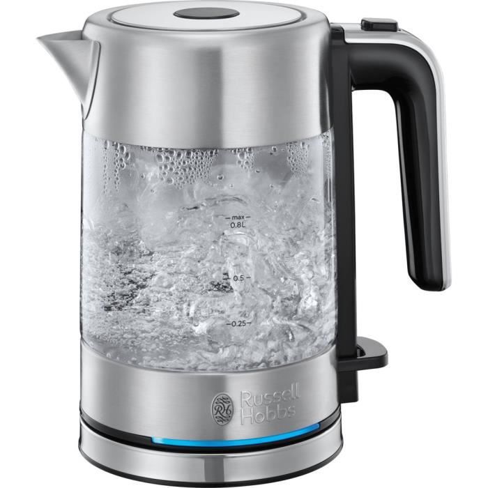 Bouilloire en Verre - RUSSELL HOBBS - Compact Home - 0.8 L - 2200 W - Économie d'énergie - Éclairage LED - Ouverture automatique - Paloma Tech