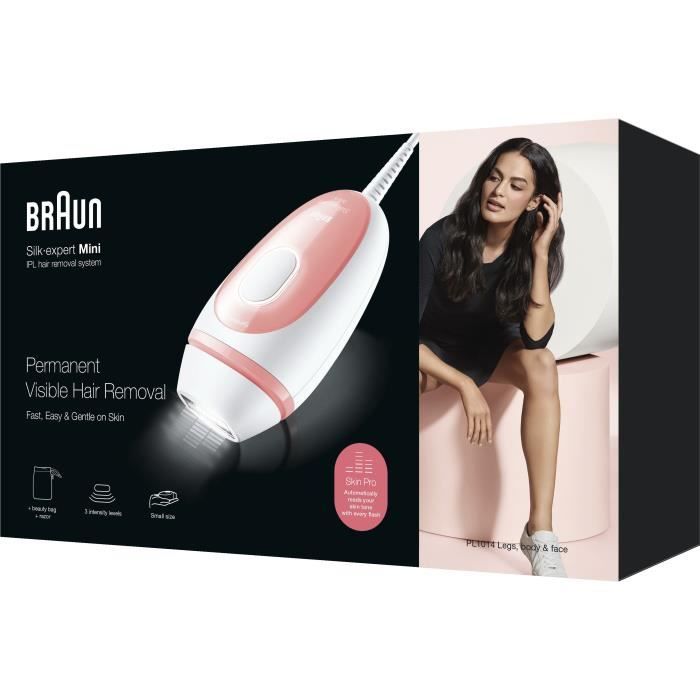 Braun Silk·expert Mini PL1014 Épilateur a Lumiere Pulsée Épilation Semi-Définitive Blanc/Rose Avec Pochette De Voyage