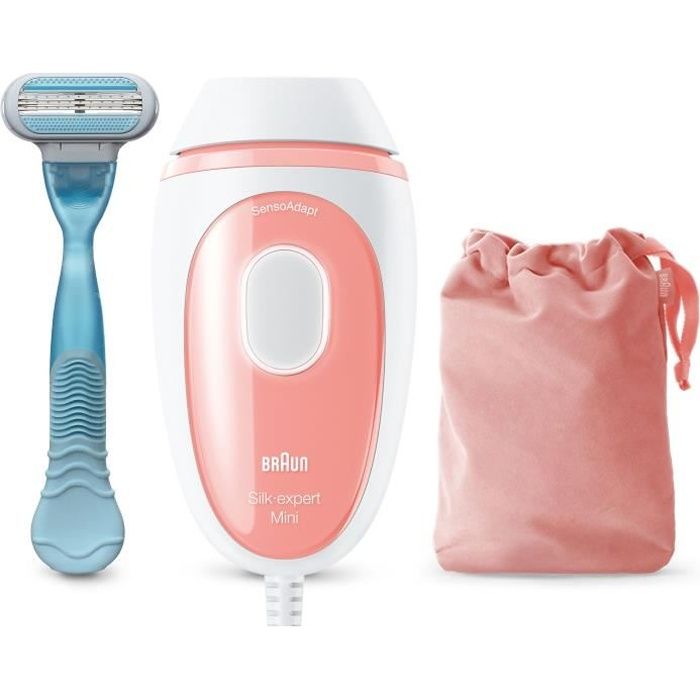 Braun Silk·expert Mini PL1014 Épilateur a Lumiere Pulsée Épilation Semi-Définitive Blanc/Rose Avec Pochette De Voyage