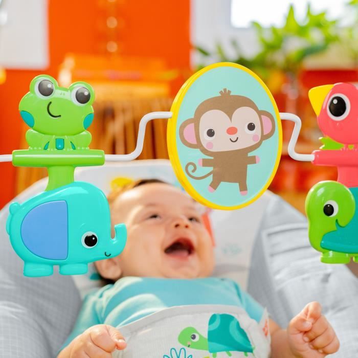 BRIGHT STARTS Transat bébé Animaux Vibrations apaisantes Arche d’éveil avec jouets interactifs