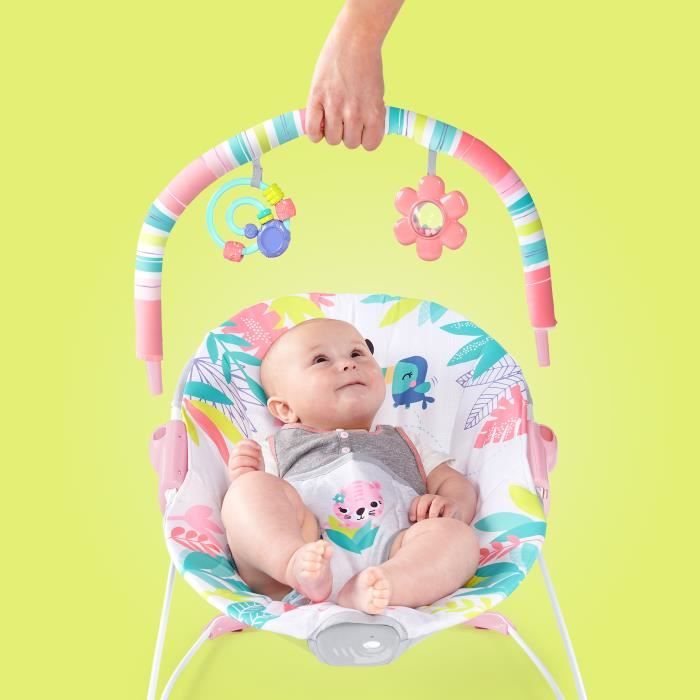 BRIGHT STARTS Transat bébé Flamant Rose Vibrations apaisantes Arche d’éveil avec jouets interactifs