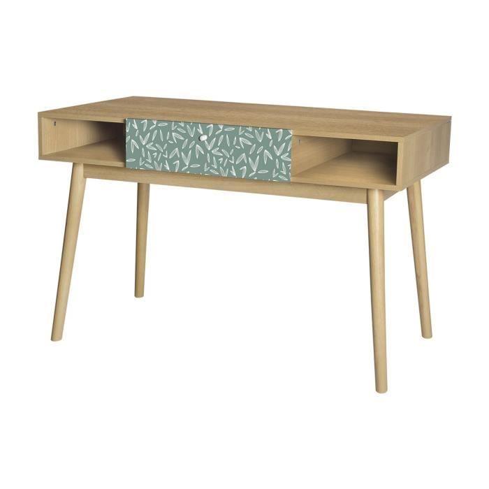 Bureau avec 1 tiroir GARDENIA- Décor chene et vert - Pieds en bois massif - L 120 x P 55 x H 75 cm - Paloma Tech