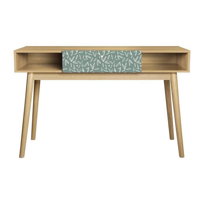 Bureau avec 1 tiroir GARDENIA- Décor chene et vert - Pieds en bois massif - L 120 x P 55 x H 75 cm - Paloma Tech