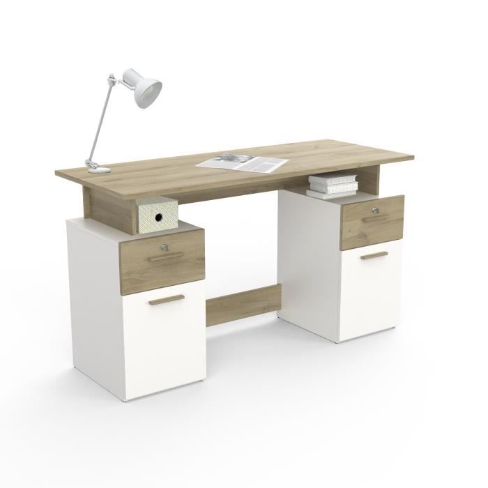 Bureau avec rangements - PLATON - Chene / blanc mat - L134,8 x P55 x H76,4 cm - DEMEYRE