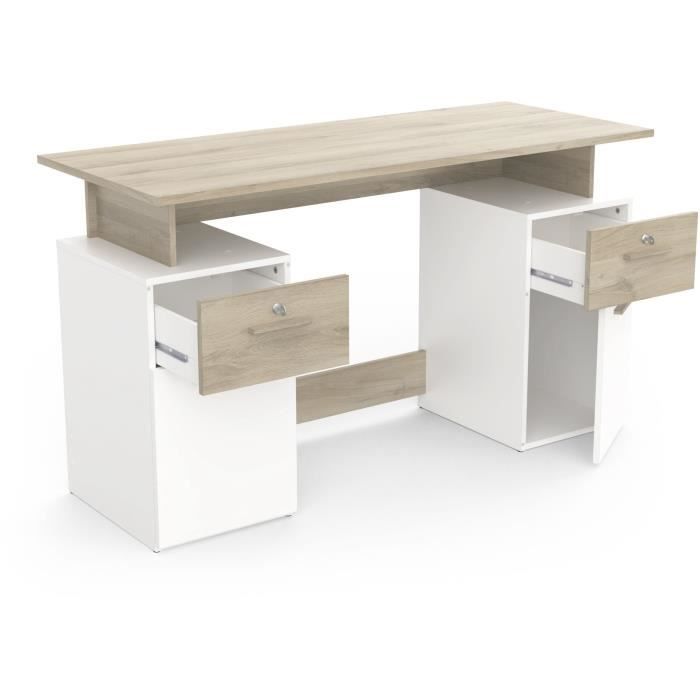 Bureau avec rangements - PLATON - Chene / blanc mat - L134,8 x P55 x H76,4 cm - DEMEYRE