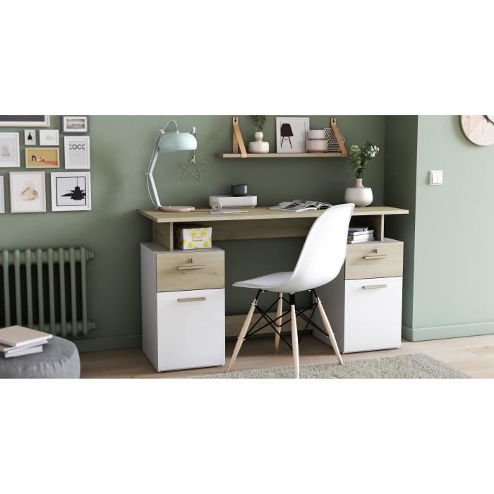 Bureau avec rangements - PLATON - Chene / blanc mat - L134,8 x P55 x H76,4 cm - DEMEYRE