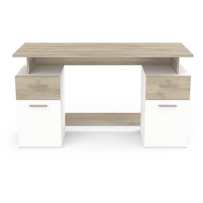 Bureau avec rangements - PLATON - Chene / blanc mat - L134,8 x P55 x H76,4 cm - DEMEYRE